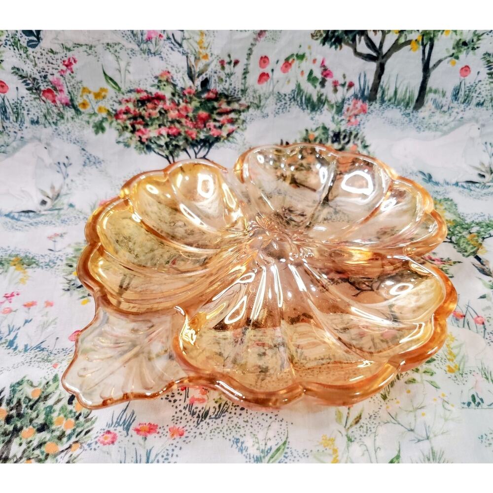 Jeanette Carnival Glass Marigold Divided Candy Nut Trinket Dish Clover Leaf Vtg